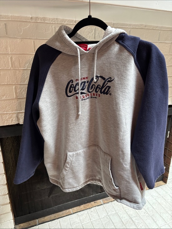 Coca Cola Tops - Coca Cola Women’s Hooded Pullover Sweatshirt - Gray with Navy Sleeves